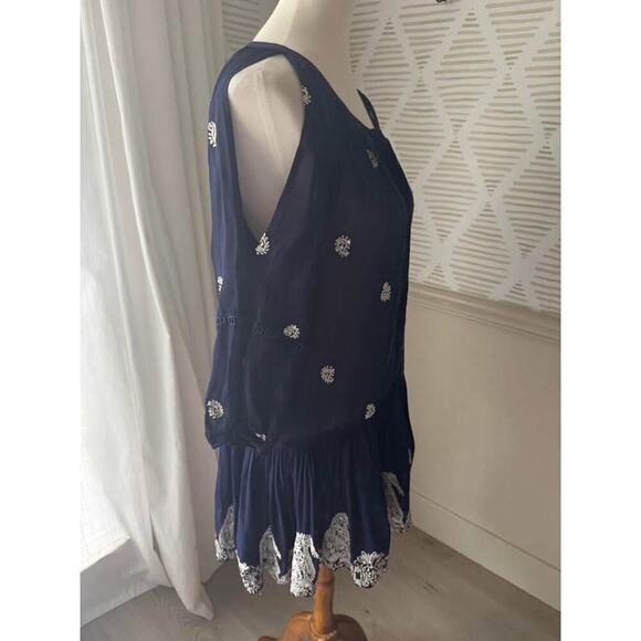 Miss June Sheer Women’s Small Navy Blue & White Embroidered Sheer Mini Dress - Picture 5 of 6